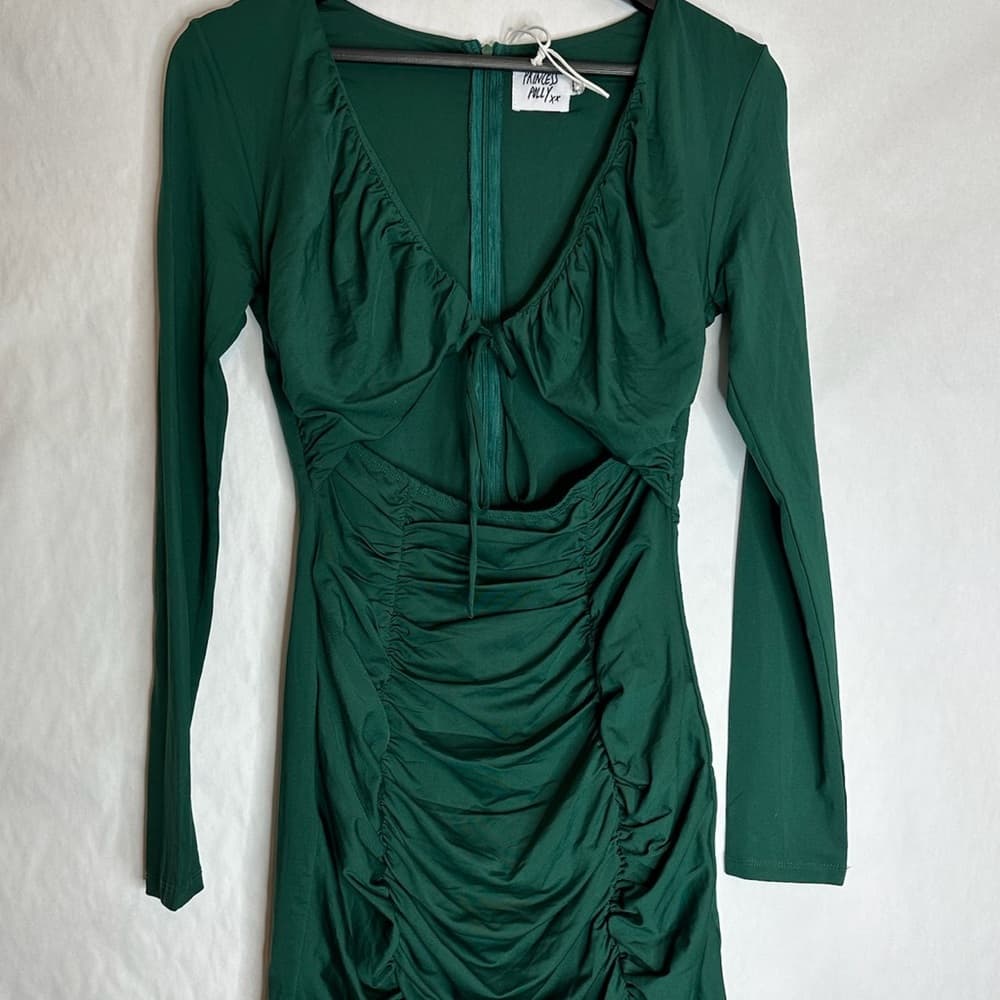 NWT Princess Polly Remine Long Sleeve Mini Dress Green Cut Out Front US Size 8 - Thumbnail 6