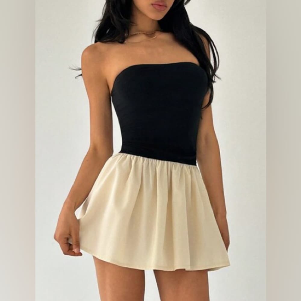 NWOT SHEIN Color Block Strapless Mini Dress Black Beige | TAGS CUT OUT SEE NOTE - Thumbnail 3