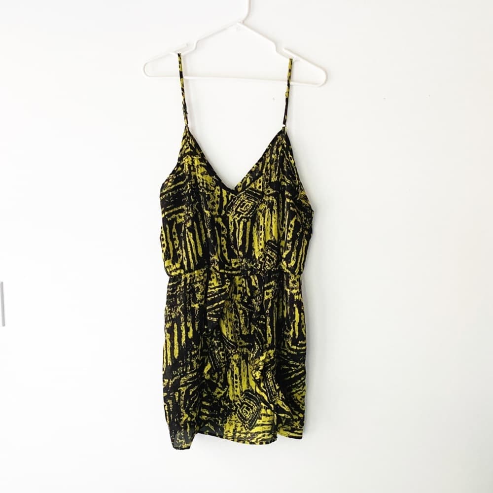 Blue Rain for Francesca’s Black/Yellow Graphic Print Mini Dress Spaghetti Straps
