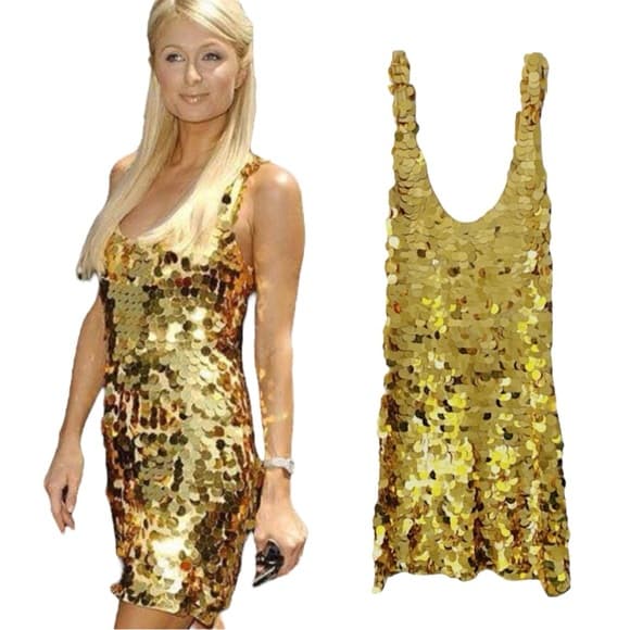 Paris Hilton Gold Sequin Paillettes Gold Dress Y2K Vintage Deadstock - Thumbnail 17