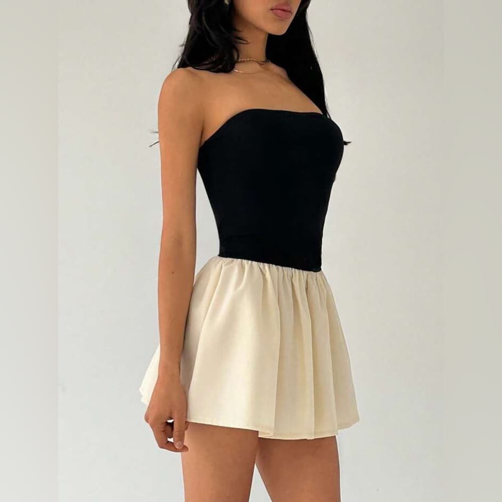 NWOT SHEIN Color Block Strapless Mini Dress Black Beige | TAGS CUT OUT SEE NOTE - Thumbnail 5