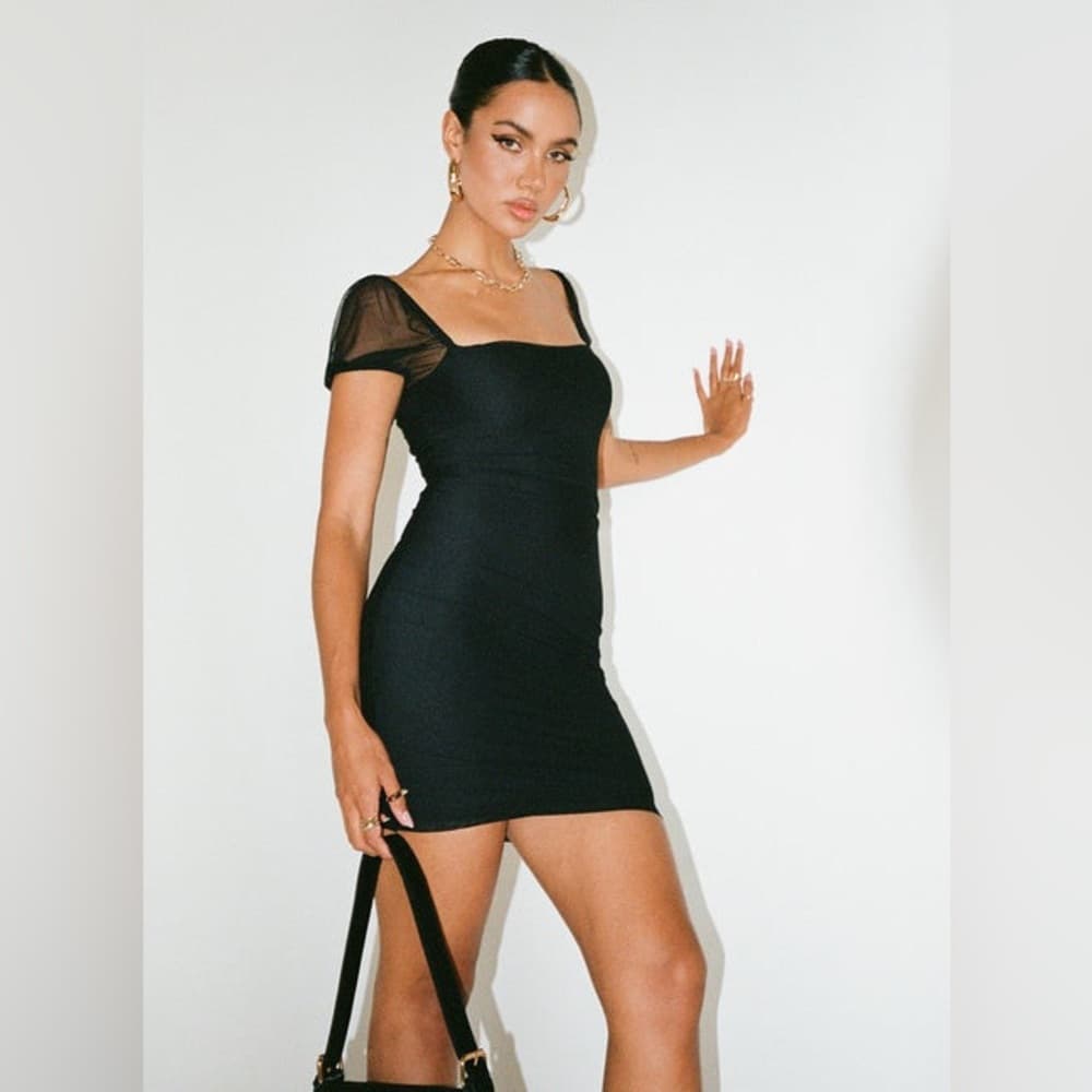 Princess Polly Charvi Mini Dress in Black Mesh Off or On Shoulder in Size US 8 - Thumbnail 5