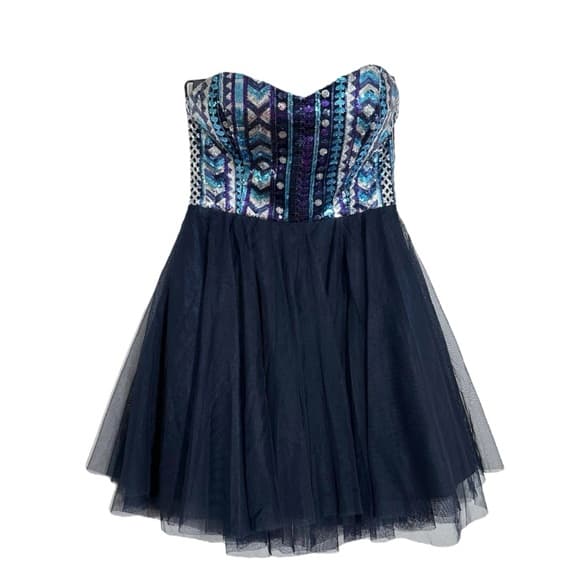 Nights by Teeze Me Strapless Sequin Corset Tulle Party Dress Y2K Blue Juniors 1 - Thumbnail 7