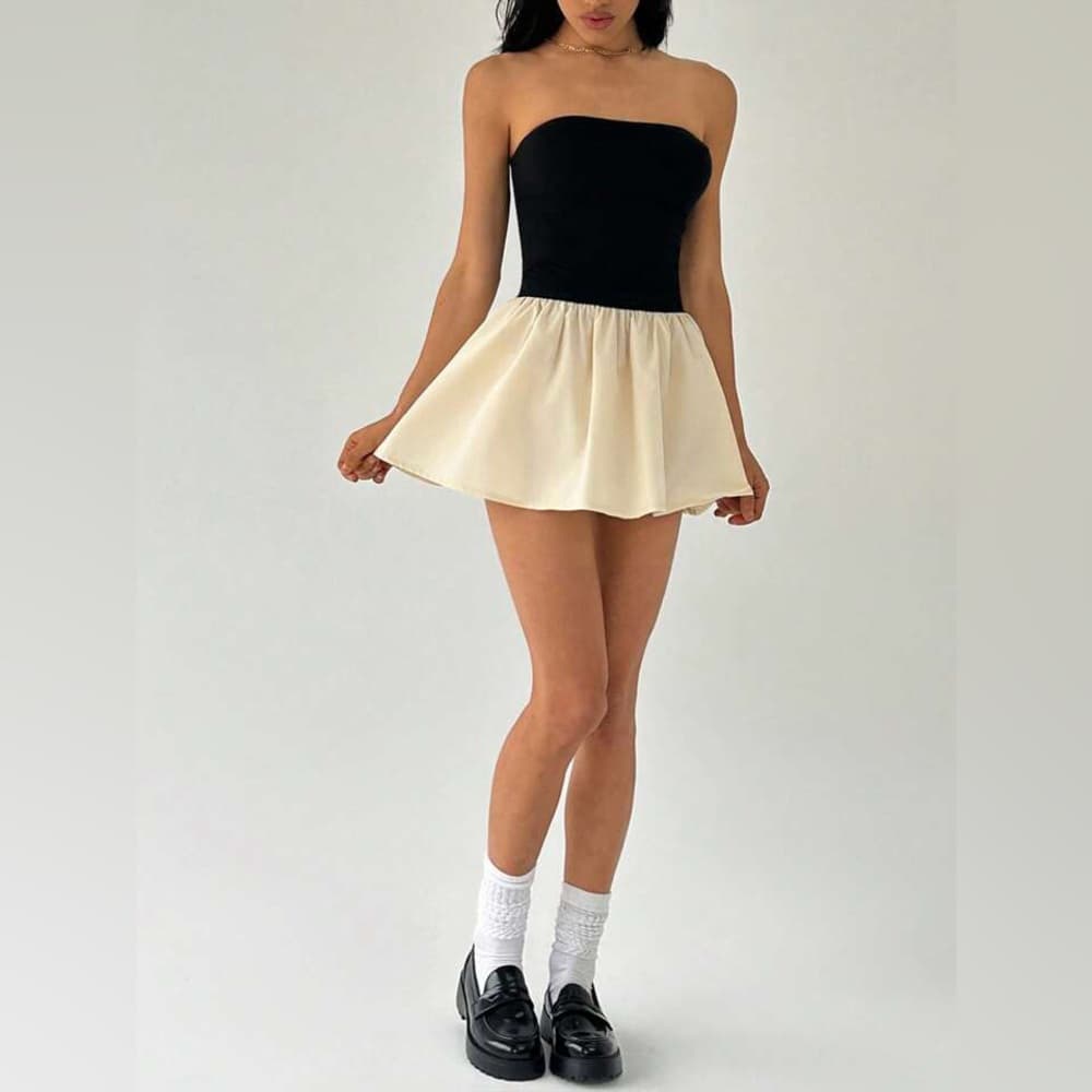 NWOT SHEIN Color Block Strapless Mini Dress Black Beige | TAGS CUT OUT SEE NOTE - Thumbnail 2