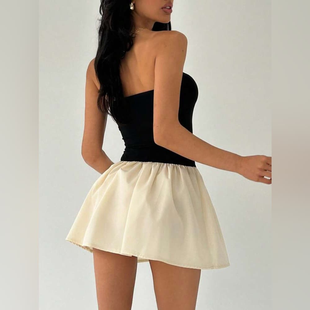 NWOT SHEIN Color Block Strapless Mini Dress Black Beige | TAGS CUT OUT SEE NOTE - Thumbnail 4
