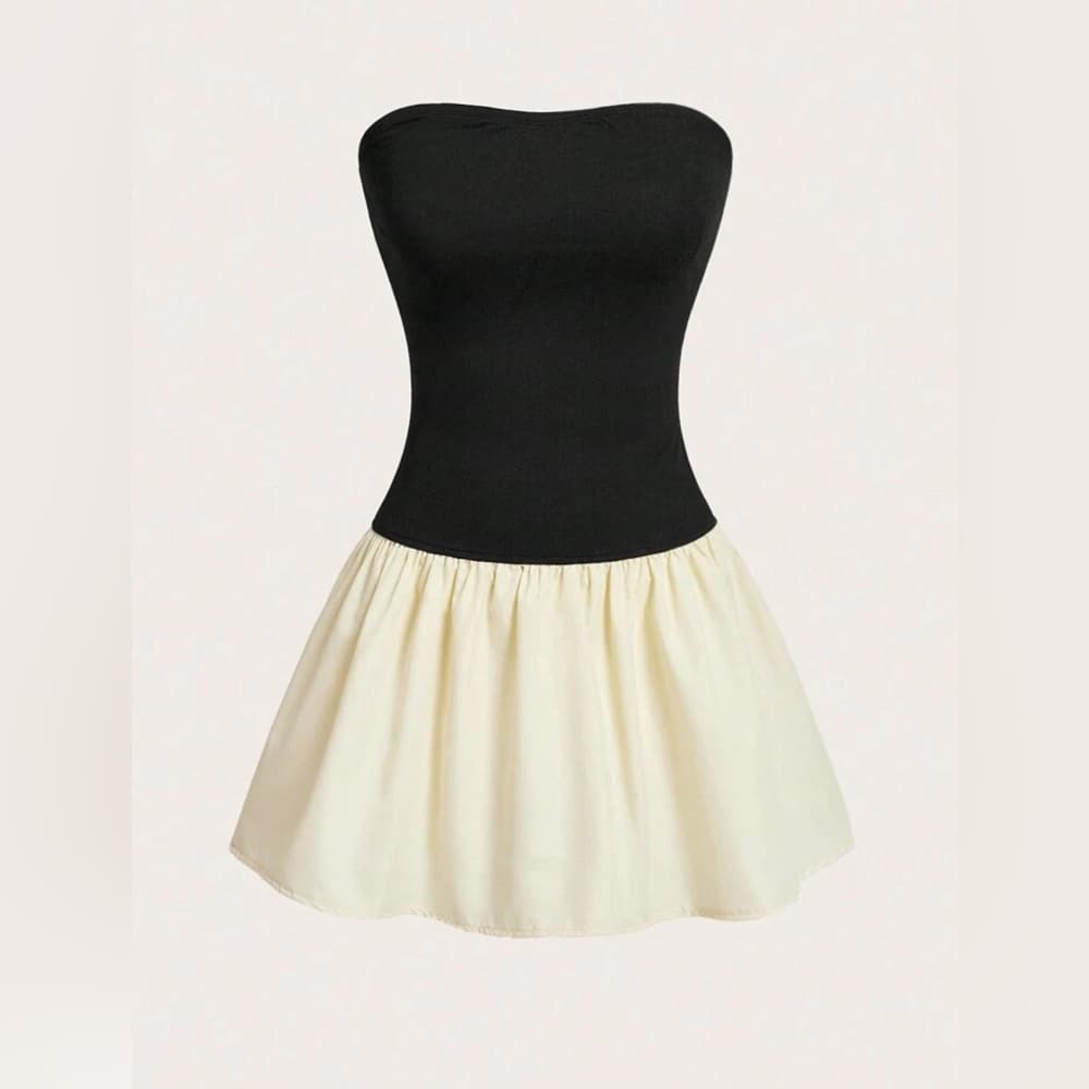 NWOT SHEIN Color Block Strapless Mini Dress Black Beige | TAGS CUT OUT SEE NOTE