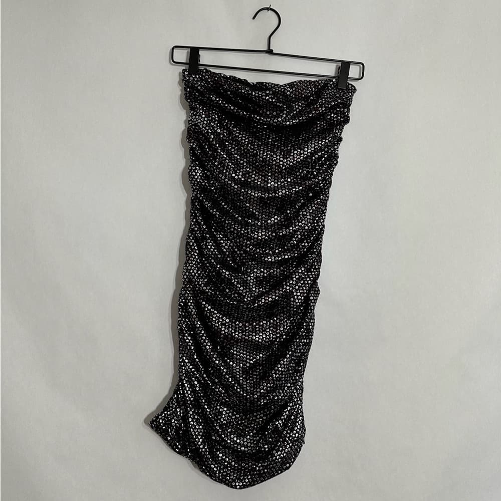 Express Black Sequin Polka Dot Strapless Bodycon Dress Y2K Size XS (X-Small)