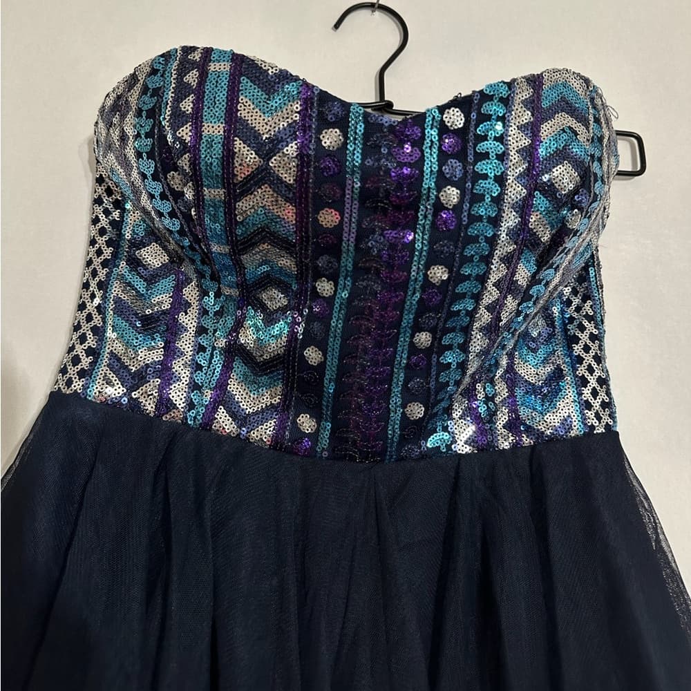 Nights by Teeze Me Strapless Sequin Corset Tulle Party Dress Y2K Blue Juniors 1 - Thumbnail 2