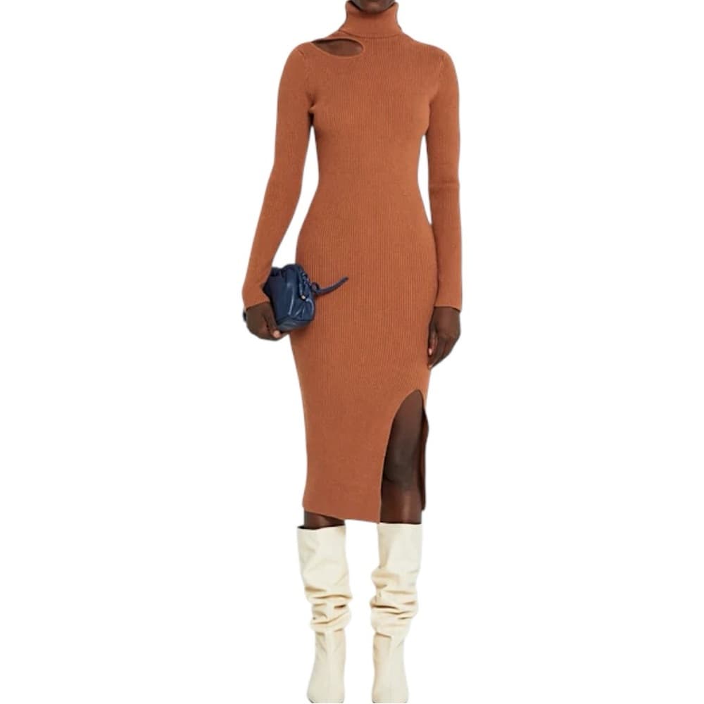 CAARA Ribbed Cutout Turtleneck Midi Sweater Dress Medium Minimalist Quiet Luxury - Thumbnail 8