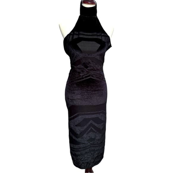 NWT Nasty Gal Collection Black Mesh Velvet Burnout Halter Midi Dress Size Medium - Thumbnail 13