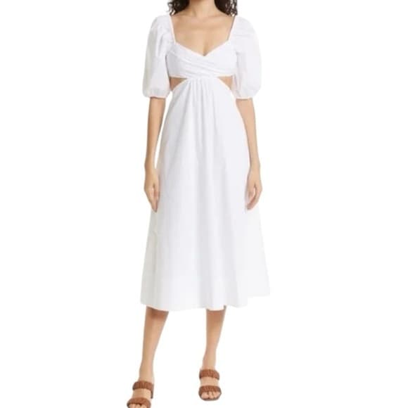 NWT Staud Carina Cut Out Puff Sleeves Midi Dress Size XL White Romantic Feminine - Thumbnail 16