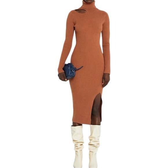 CAARA Ribbed Cutout Turtleneck Midi Sweater Dress Medium Minimalist Quiet Luxury - Thumbnail 9