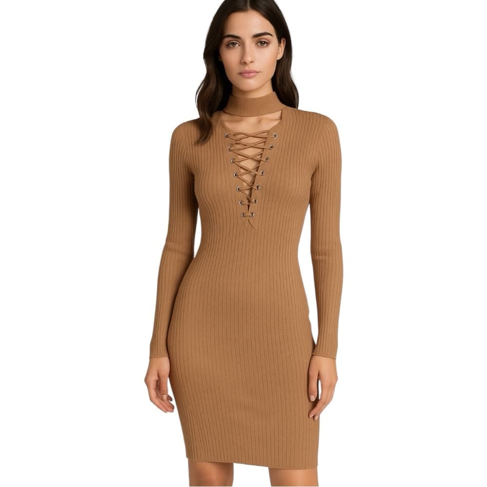 AKIRA Ribbed Lace-up Bodycon Dress Collar Long Sleeved Neutral Stretch Large - Thumbnail 8