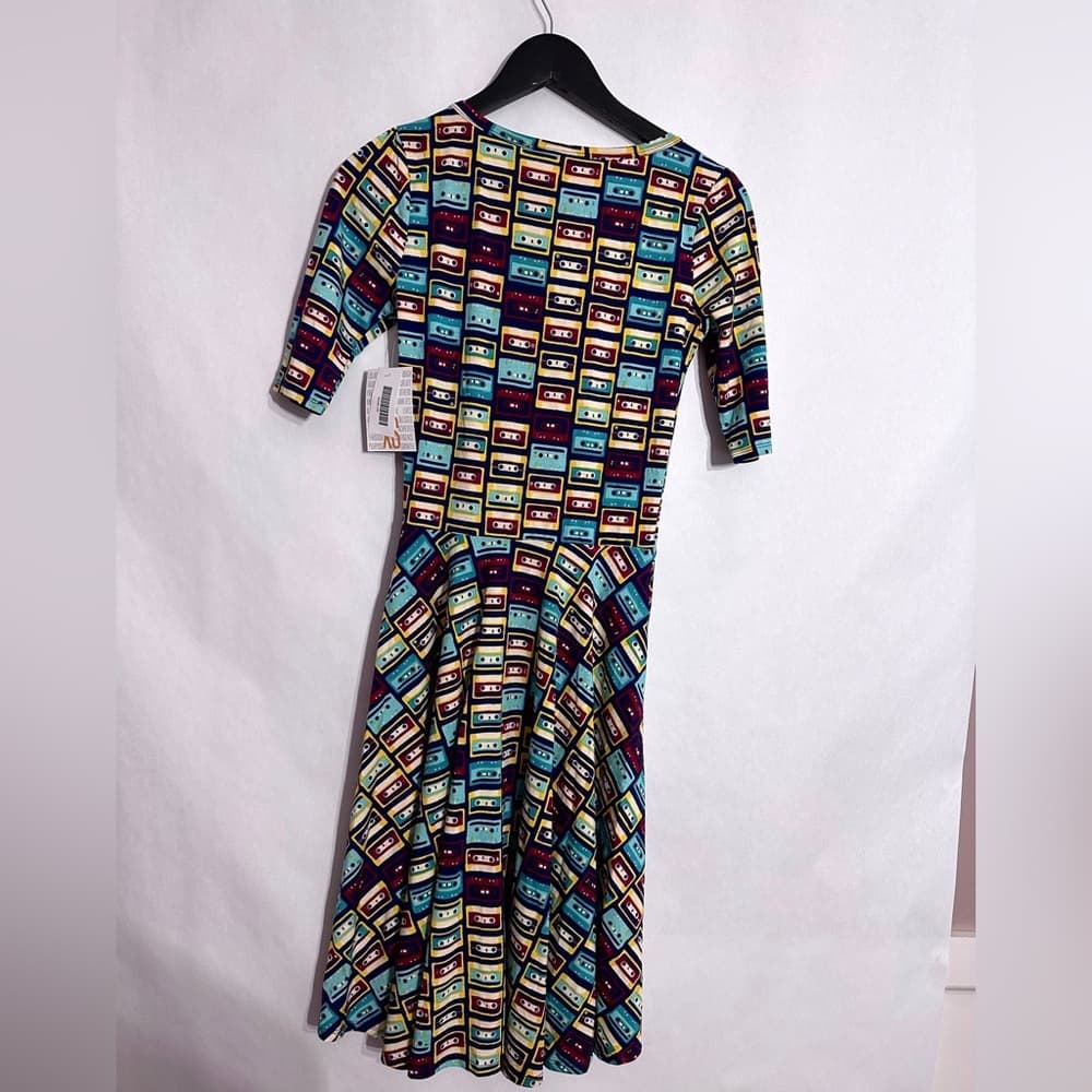 NWT LuLaRoe Nicole Cassette Tape Print Dress Retro Fit & Flare Size XS - Thumbnail 2