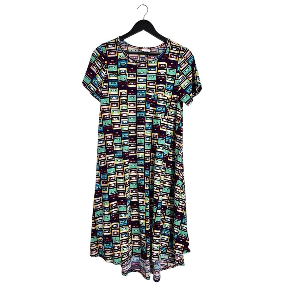 LuLaRoe Cassette Tape Print Carly Dress Size Medium Multicolor Retro Print - Thumbnail 7