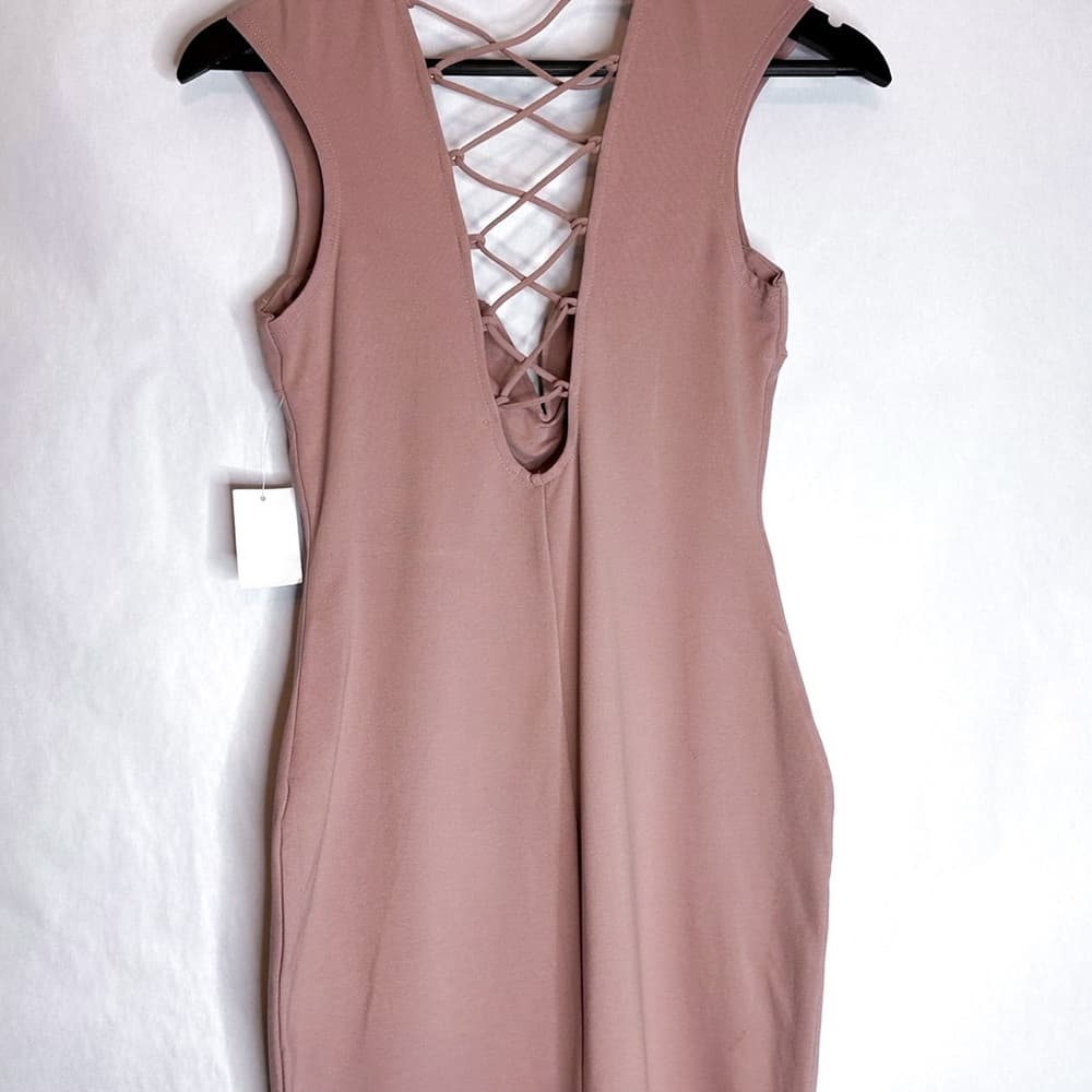 NWT Charlotte Russe Y2K Mauve Blush Pink Lattice Lace-up Bodycon Dress Medium - Thumbnail 4