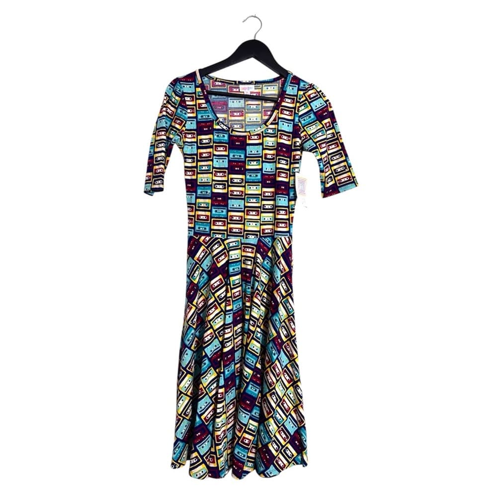 NWT LuLaRoe Nicole Cassette Tape Print Dress Retro Fit & Flare Size XS - Thumbnail 7