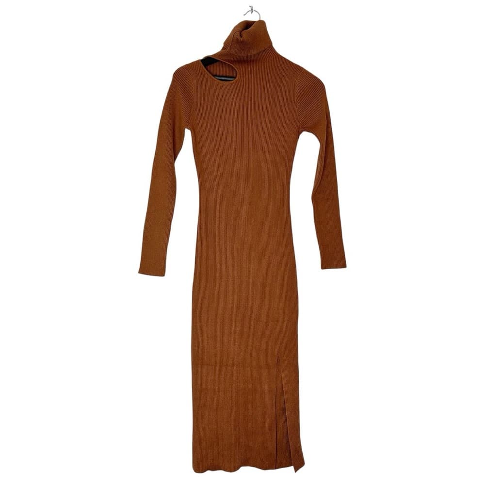 CAARA Ribbed Cutout Turtleneck Midi Sweater Dress Medium Minimalist Quiet Luxury - Thumbnail 2