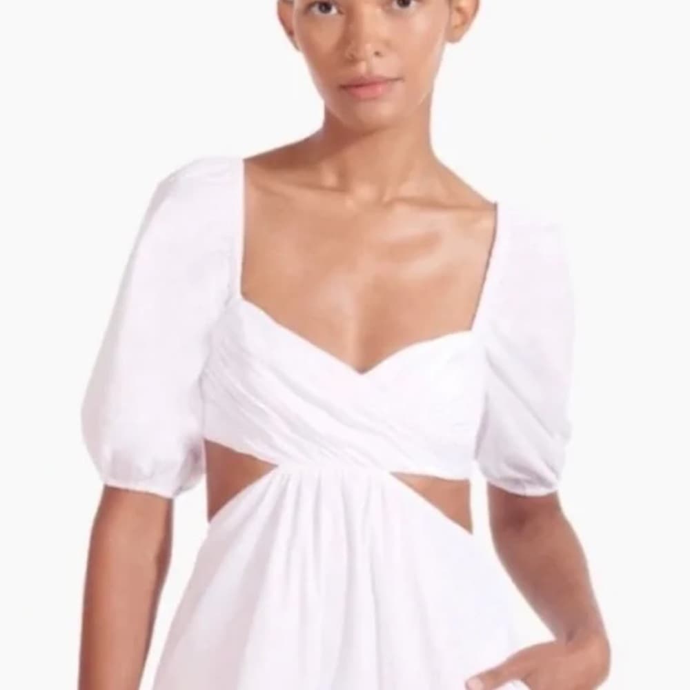 NWT Staud Carina Cut Out Puff Sleeves Midi Dress Size XL White Romantic Feminine - Thumbnail 4