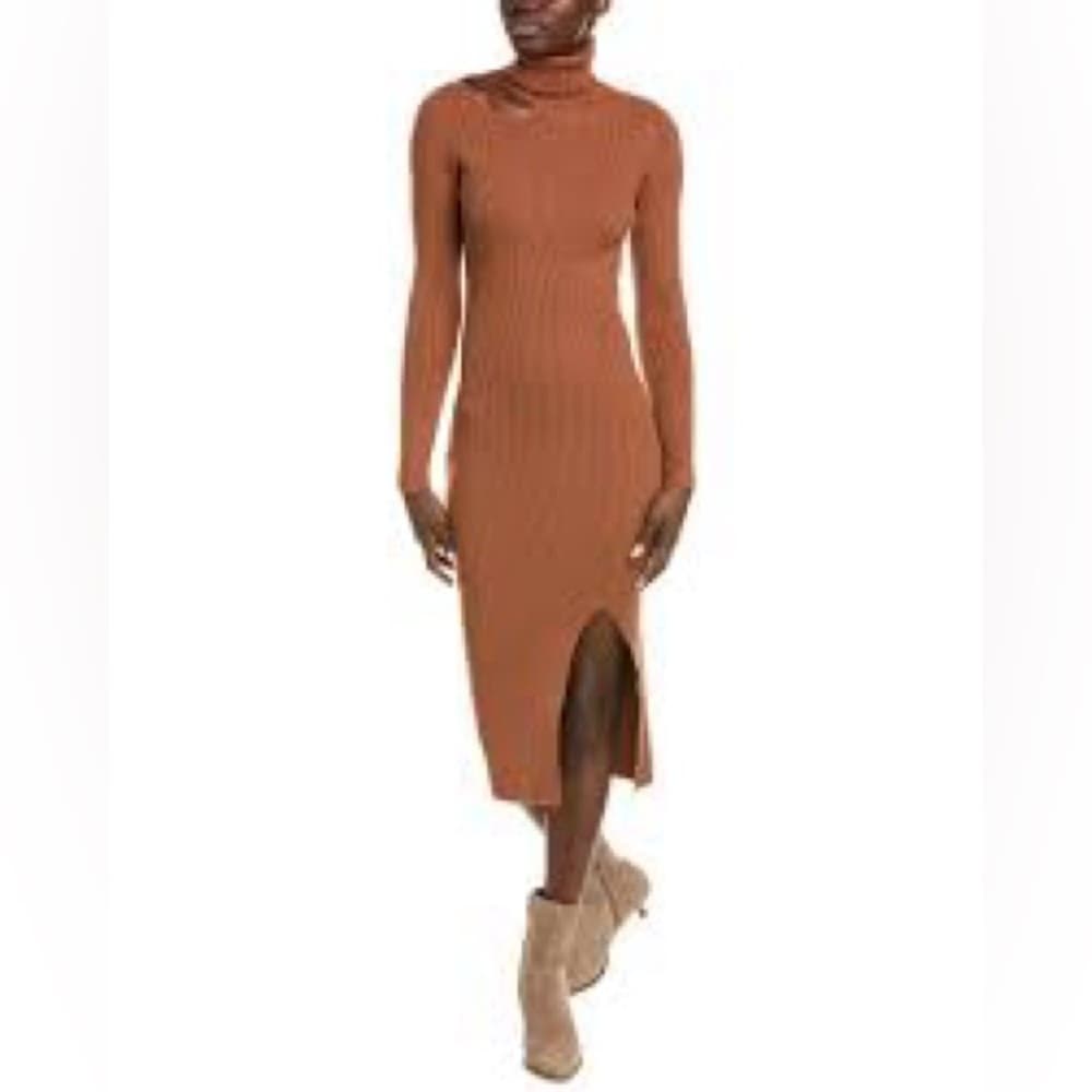 CAARA Ribbed Cutout Turtleneck Midi Sweater Dress Medium Minimalist Quiet Luxury