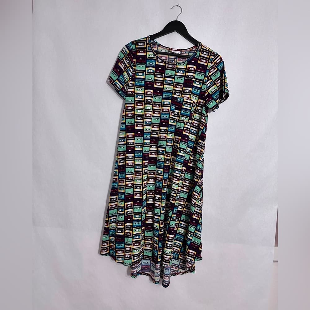 LuLaRoe Cassette Tape Print Carly Dress Size Medium Multicolor Retro Print - Thumbnail 3