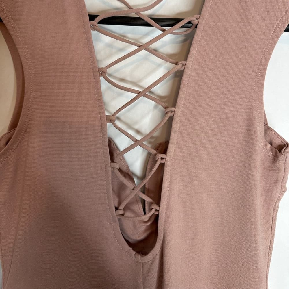 NWT Charlotte Russe Y2K Mauve Blush Pink Lattice Lace-up Bodycon Dress Medium - Thumbnail 6