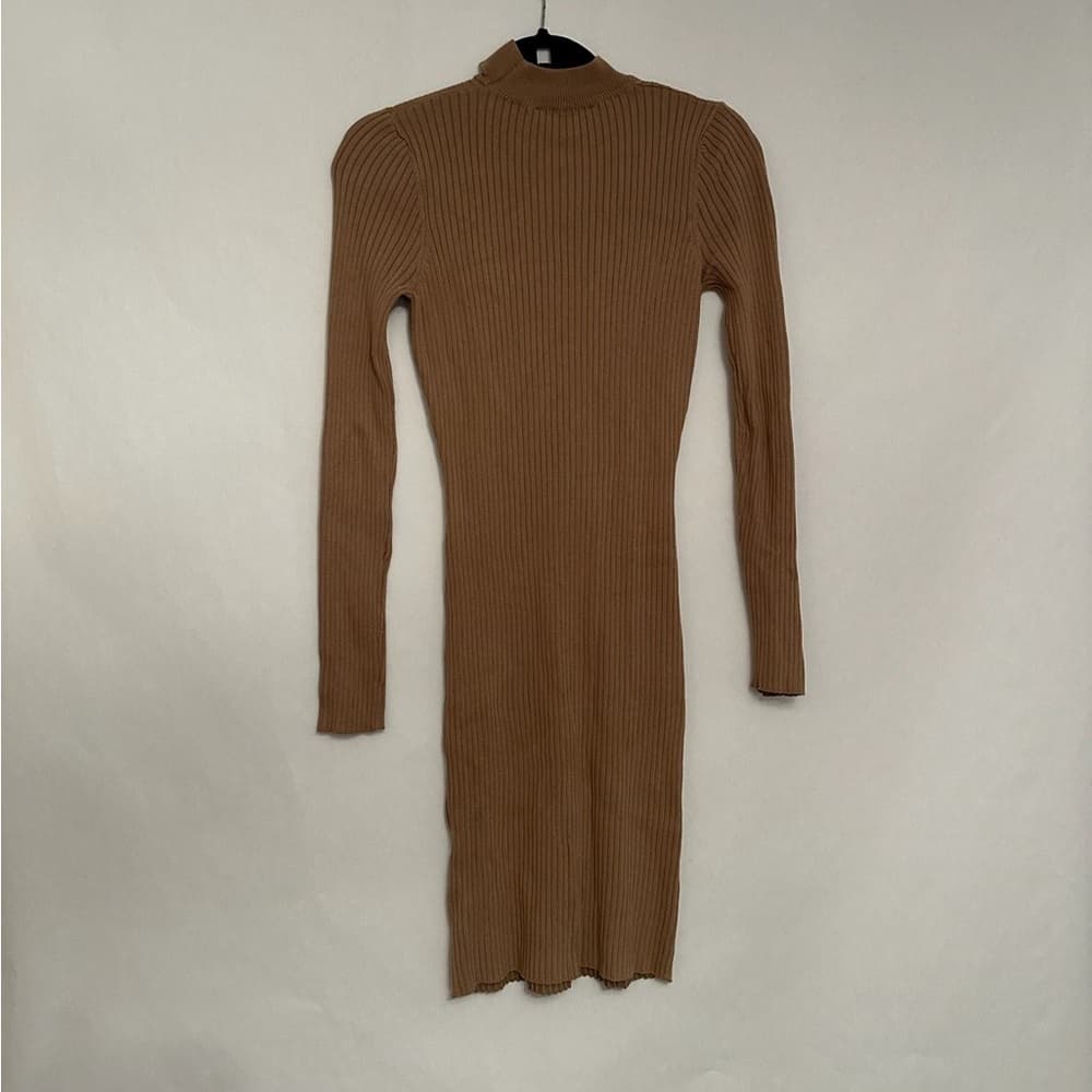 AKIRA Ribbed Lace-up Bodycon Dress Collar Long Sleeved Neutral Stretch Large - Thumbnail 5