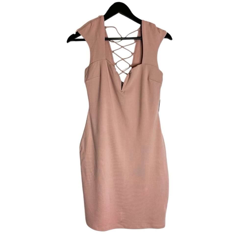 NWT Charlotte Russe Y2K Mauve Blush Pink Lattice Lace-up Bodycon Dress Medium - Thumbnail 16