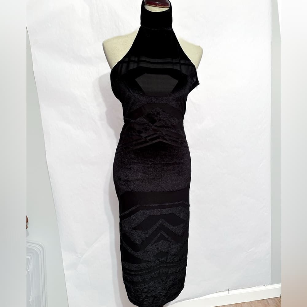 NWT Nasty Gal Collection Black Mesh Velvet Burnout Halter Midi Dress Size Medium - Thumbnail 10