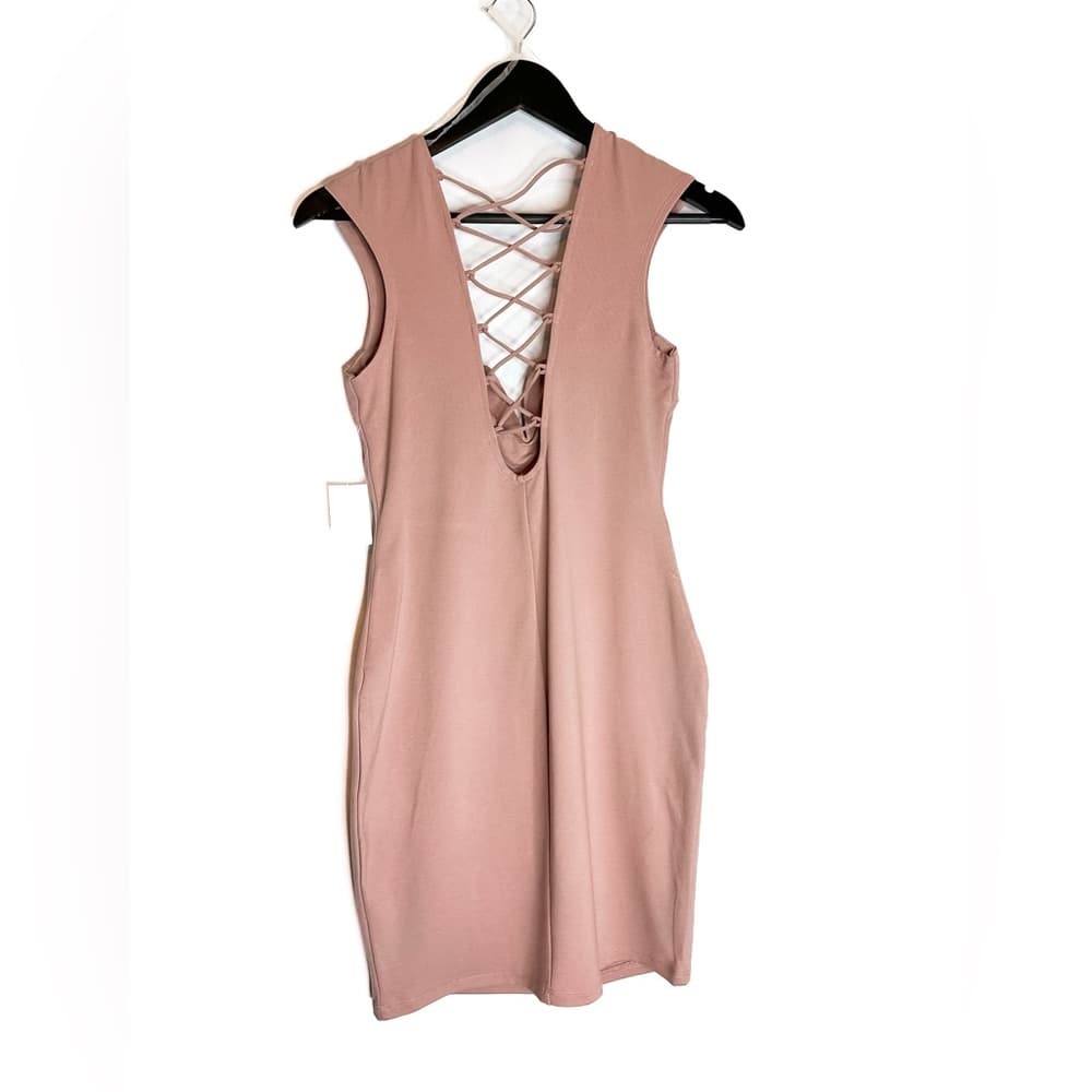 NWT Charlotte Russe Y2K Mauve Blush Pink Lattice Lace-up Bodycon Dress Medium - Thumbnail 3