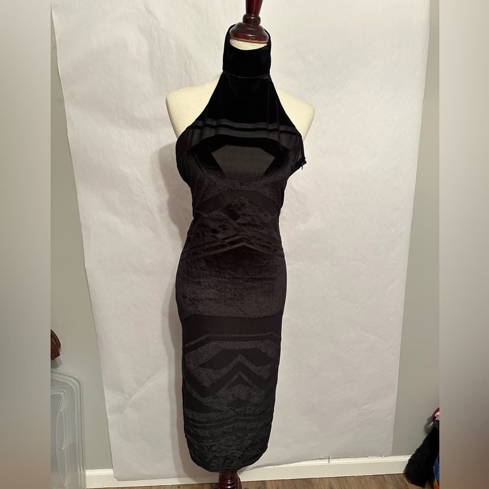 NWT Nasty Gal Collection Black Mesh Velvet Burnout Halter Midi Dress Size Medium - Thumbnail 9