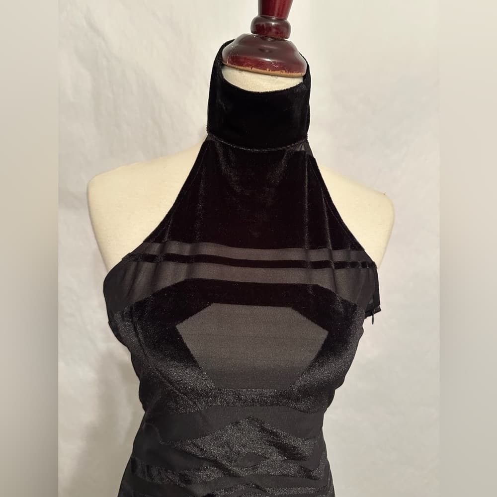 NWT Nasty Gal Collection Black Mesh Velvet Burnout Halter Midi Dress Size Medium - Thumbnail 11