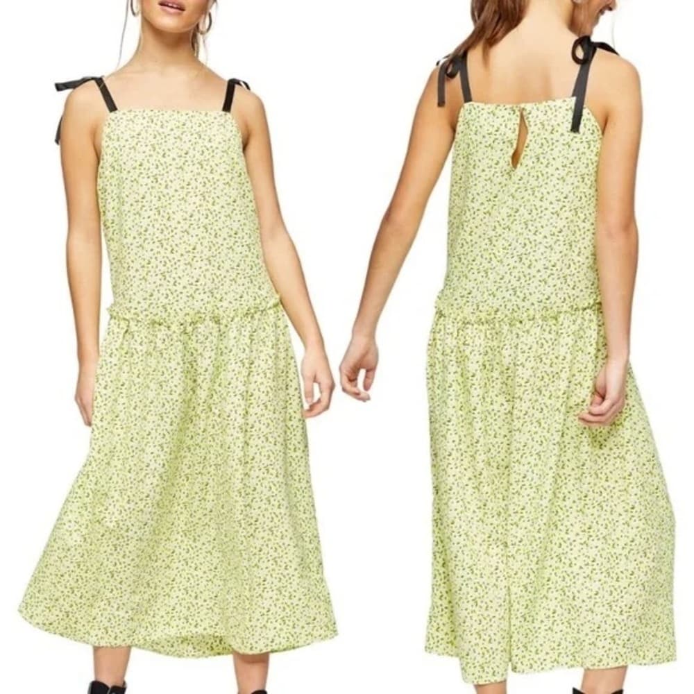 NWT Topshop Floral Print Drop Waist MIDI Dress, Size 6 US Women’s “Lime” Color - Thumbnail 3