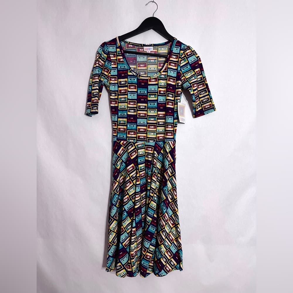 NWT LuLaRoe Nicole Cassette Tape Print Dress Retro Fit & Flare Size XS - Thumbnail 5