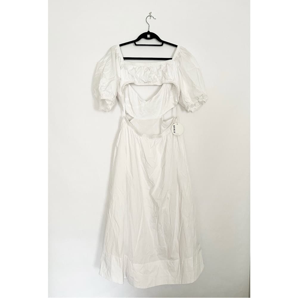 NWT Staud Carina Cut Out Puff Sleeves Midi Dress Size XL White Romantic Feminine - Thumbnail 12