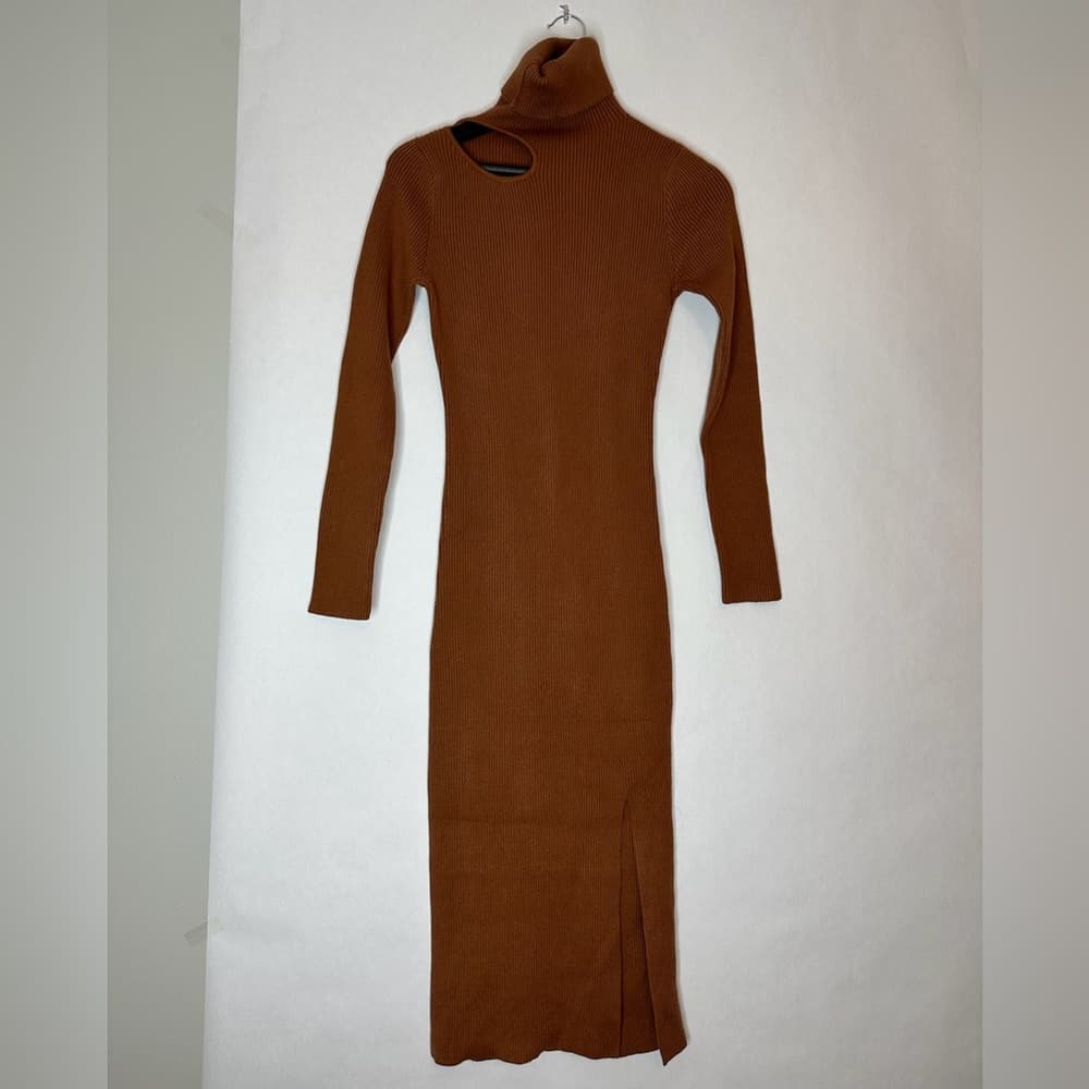 CAARA Ribbed Cutout Turtleneck Midi Sweater Dress Medium Minimalist Quiet Luxury - Thumbnail 6