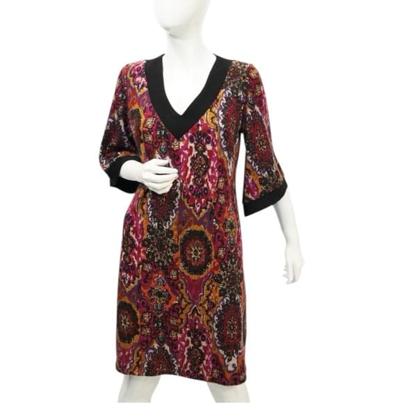 NWOT Tiana B. Boho Medallion Paisley Print Shift Midi Dress Large Retro V-Neck - Thumbnail 17