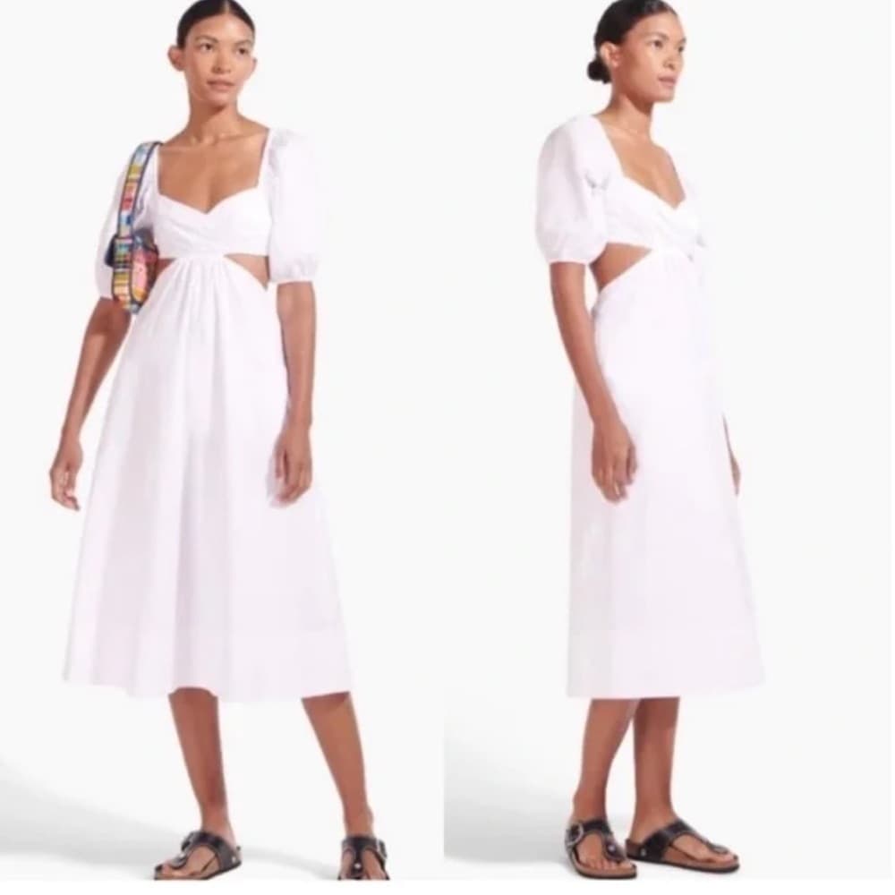NWT Staud Carina Cut Out Puff Sleeves Midi Dress Size XL White Romantic Feminine - Thumbnail 2