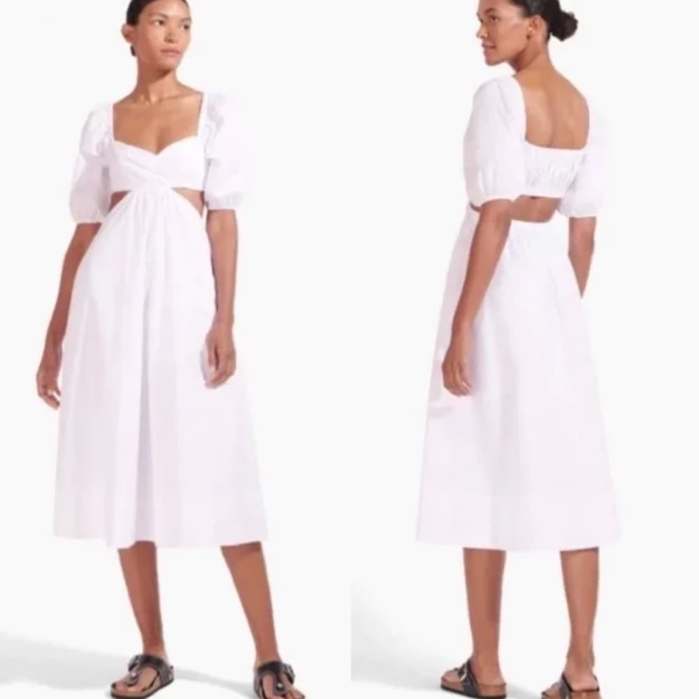 NWT Staud Carina Cut Out Puff Sleeves Midi Dress Size XL White Romantic Feminine - Thumbnail 3