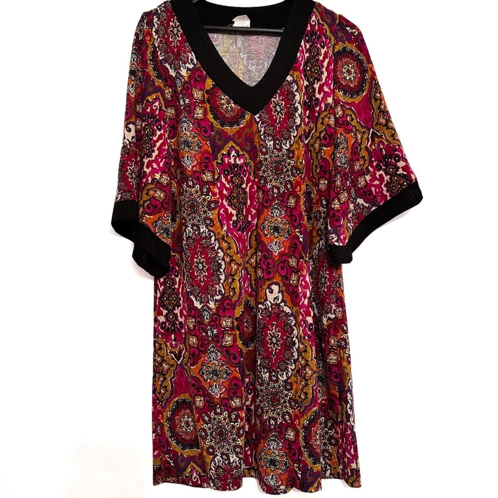 NWOT Tiana B. Boho Medallion Paisley Print Shift Midi Dress Large Retro V-Neck - Thumbnail 12