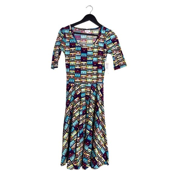 NWT LuLaRoe Nicole Cassette Tape Print Dress Retro Fit & Flare Size XS - Thumbnail 8