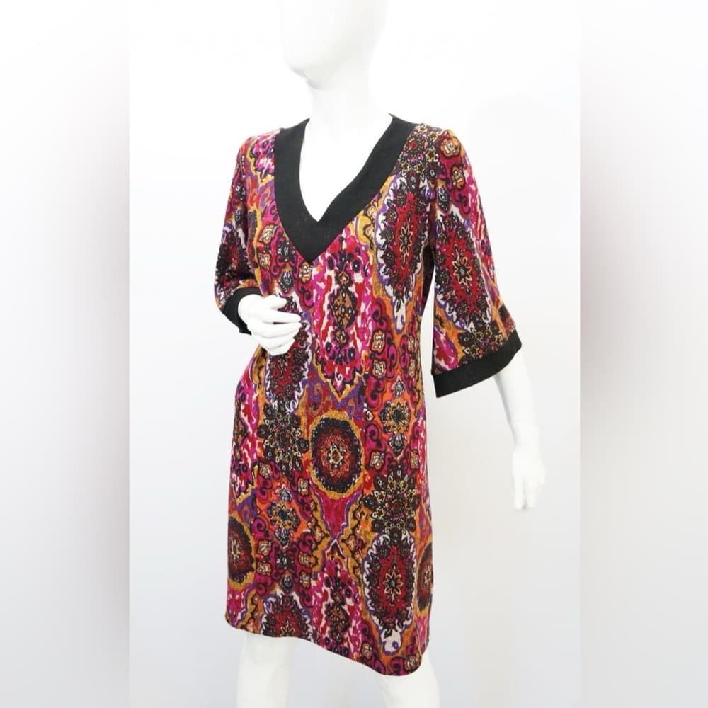 NWOT Tiana B. Boho Medallion Paisley Print Shift Midi Dress Large Retro V-Neck - Thumbnail 2