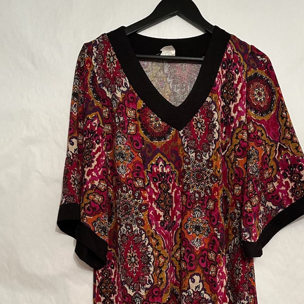 NWOT Tiana B. Boho Medallion Paisley Print Shift Midi Dress Large Retro V-Neck - Thumbnail 15