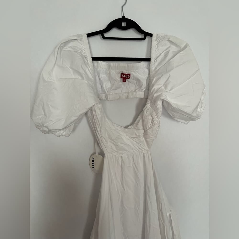 NWT Staud Carina Cut Out Puff Sleeves Midi Dress Size XL White Romantic Feminine - Thumbnail 10