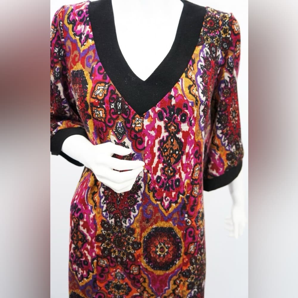 NWOT Tiana B. Boho Medallion Paisley Print Shift Midi Dress Large Retro V-Neck - Thumbnail 3
