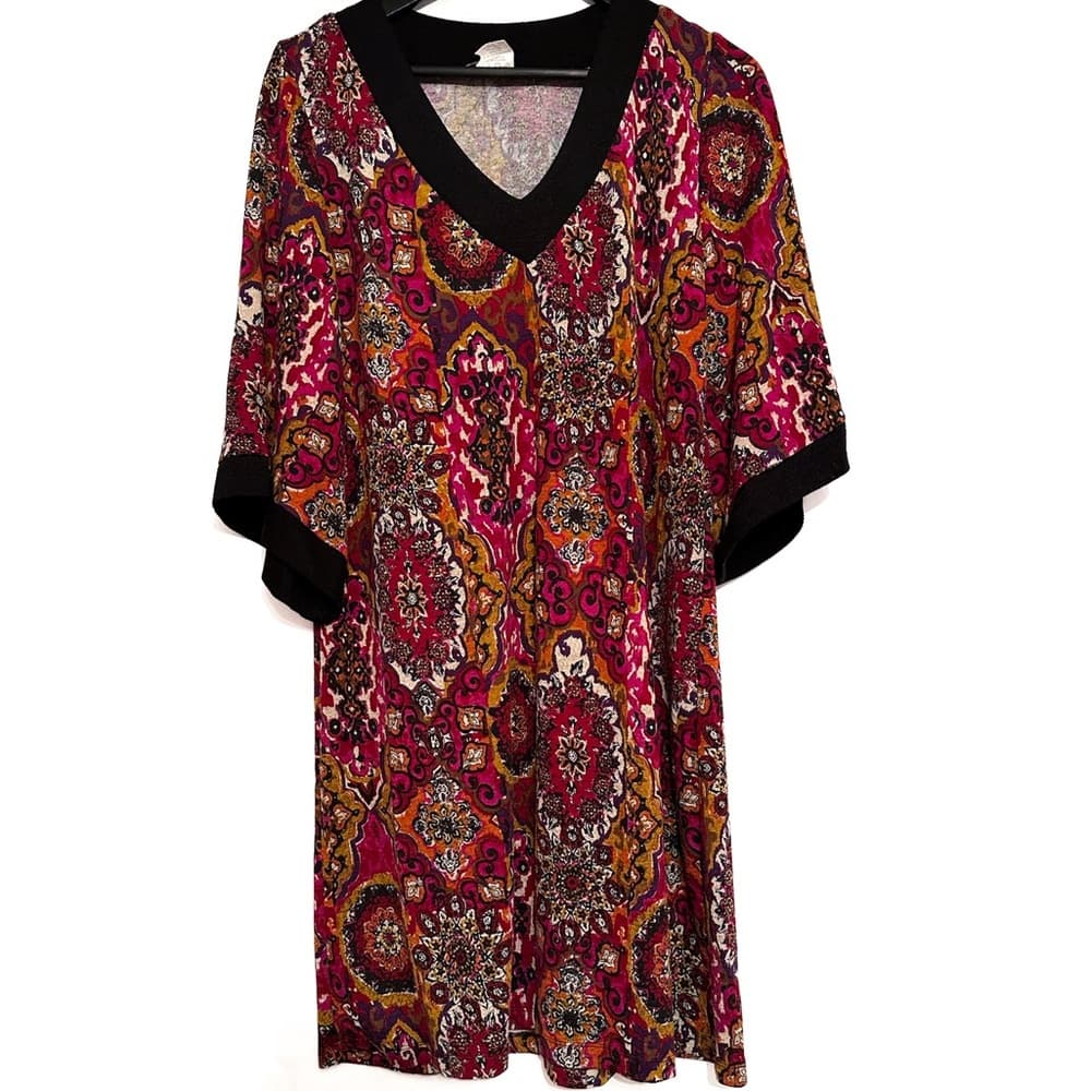 NWOT Tiana B. Boho Medallion Paisley Print Shift Midi Dress Large Retro V-Neck - Thumbnail 10