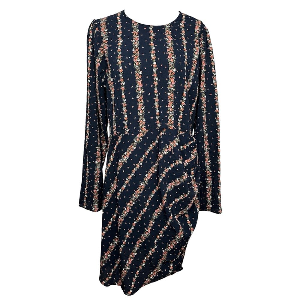 NEW BCBGeneration Navy Floral Ruched Midi Dress Romantic Cottagecore Size XL - Thumbnail 9