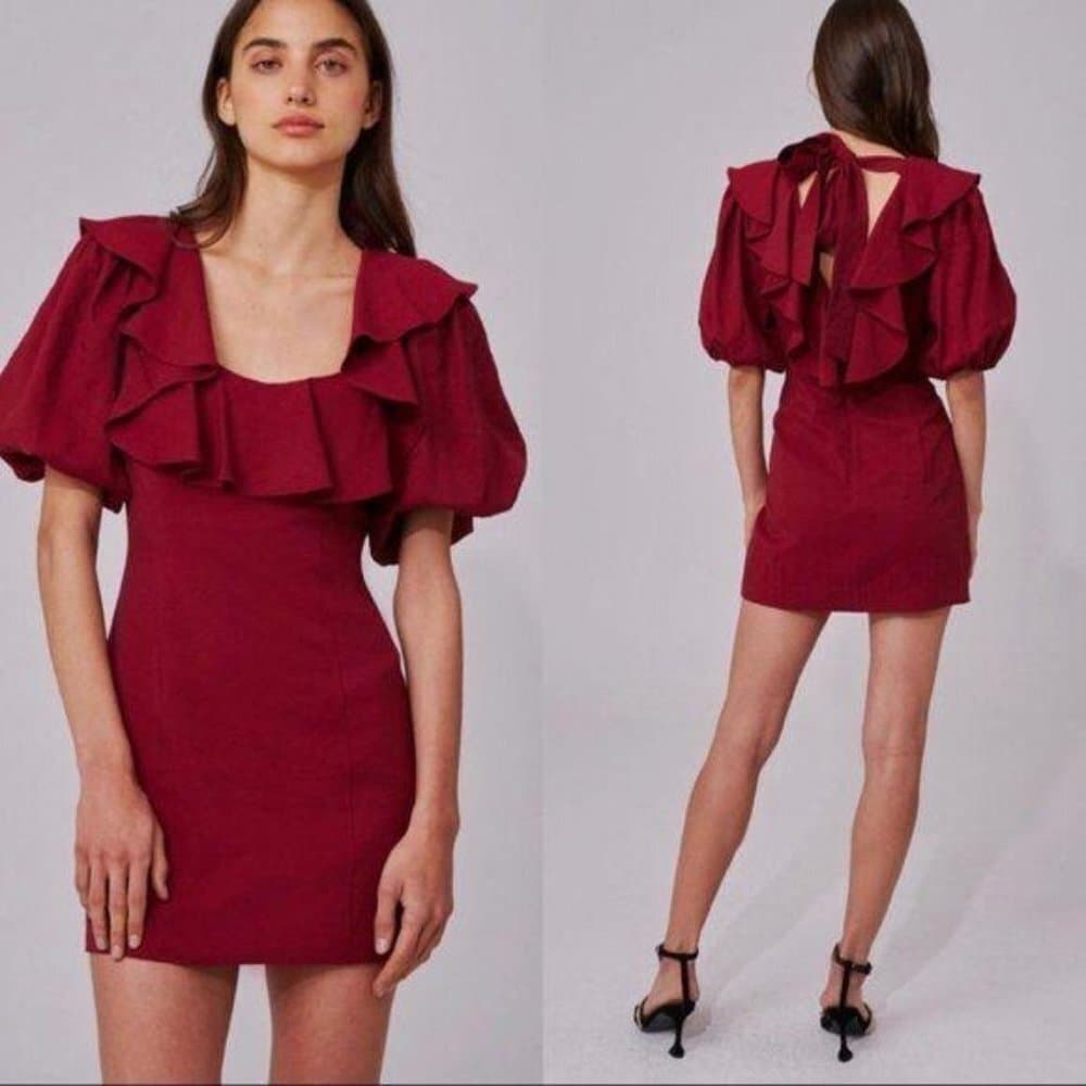 C/MEO Collective New Places Berry Dress Ruffle Neckline, Short Balloon Sleeves - Thumbnail 4