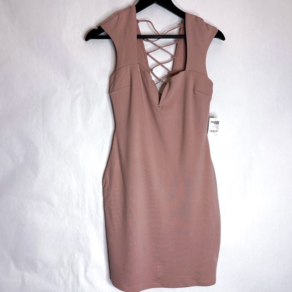 NWT Charlotte Russe Y2K Mauve Blush Pink Lattice Lace-up Bodycon Dress Medium - Thumbnail 12