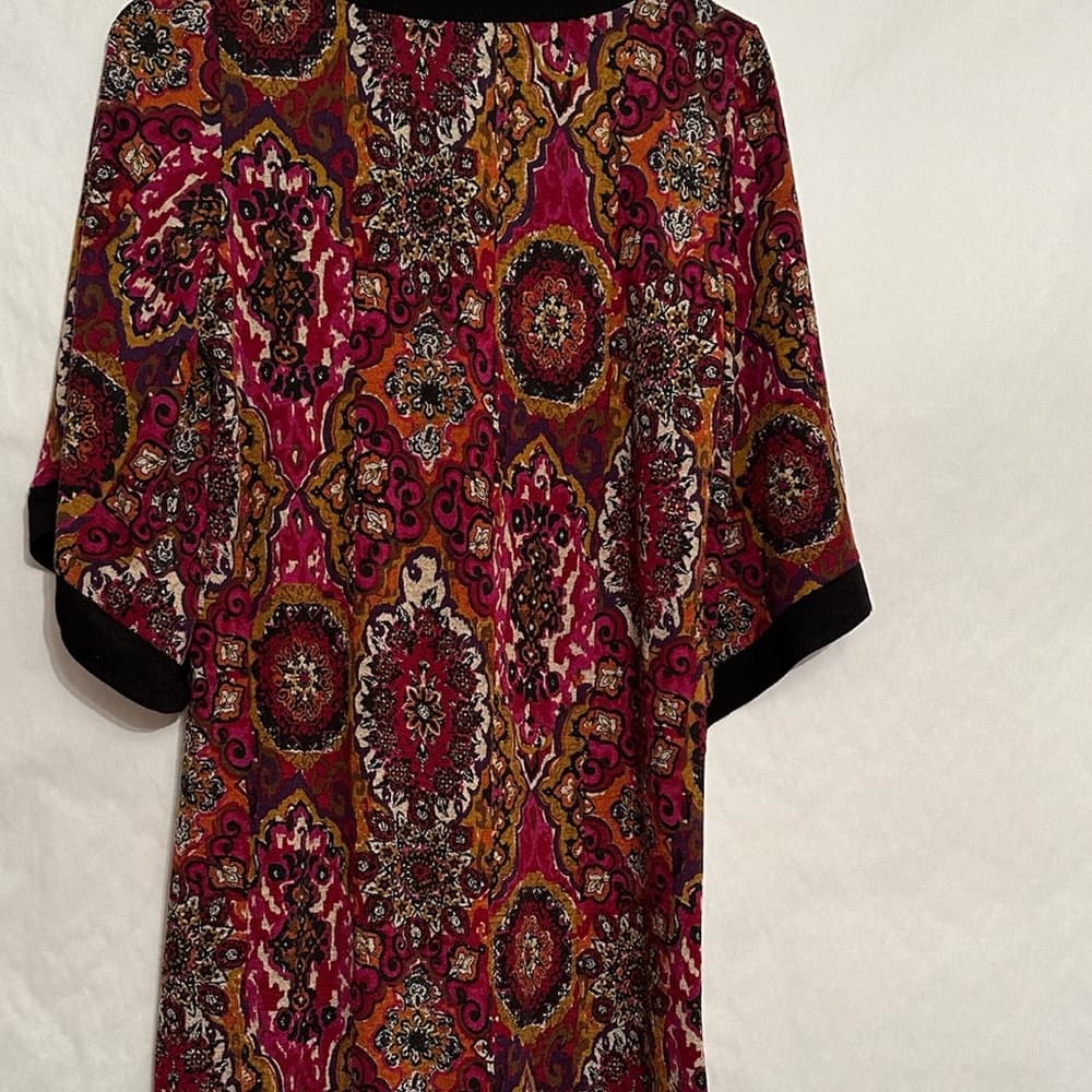 NWOT Tiana B. Boho Medallion Paisley Print Shift Midi Dress Large Retro V-Neck - Thumbnail 8